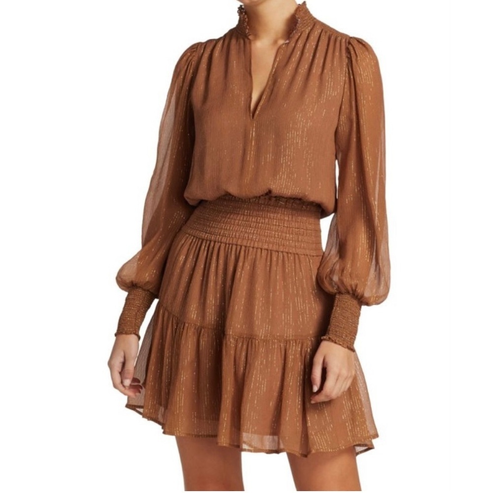 A.L.C Gold/ Butterscotch Silvie Smocked Romantic Blouson Mini Dress Size 00